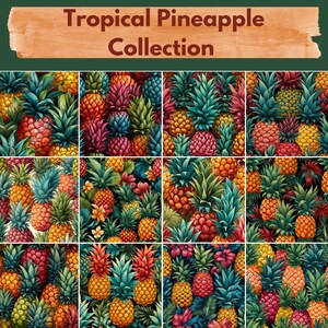 May include: A collection of nine seamless patterns featuring tropical pineapples in various colors and styles. The pineapples are arranged in a repeating pattern against a dark green background.