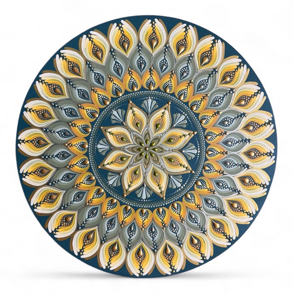Mandala Wandbild handbemalt auf Holz | harmonisches Mandala Dot Painting | Holzbild in Naturfarben Energiebild | grünes Mandala Unikat 40cm
