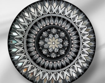 Mandala ścienna malowana ręcznie na drewnie | Fototapeta z mandalą | Dekoracja ścienna | Obraz energetyczny | Czarno-biały wystrój wnętrz | Mandala okrągła 40 cm, monochromatyczna