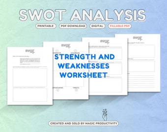 SWOT Analysis, Strength and Weaknesses Worksheet with Instructions, Goals, Fillable PDF, Printable, A4, A5, US Letter, Digital Download