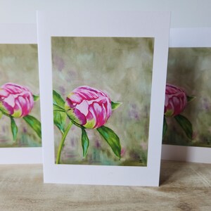 carte de voeux imprimée beaux-arts | carte de correspondance vierge | Oeuvres d'art originales | Bourgeon de pivoine rose | Fleurs | Pour toutes les occasions | Anniversaire, merci et plus