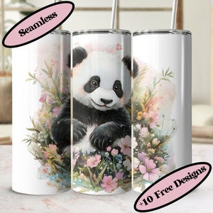 Cute Panda Bear Tumbler Wrap, Watercolor Floral Panda Sublimation PNG, Digital Download Skinny 20 oz Tumbler Wrap, Panda Art Tumbler Wrap