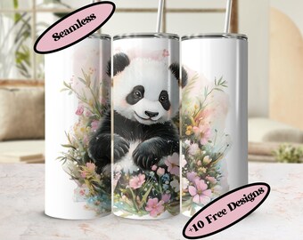 Watercolor Floral Panda Tumbler Wrap, 20 oz Skinny Tumbler (Digital Download)