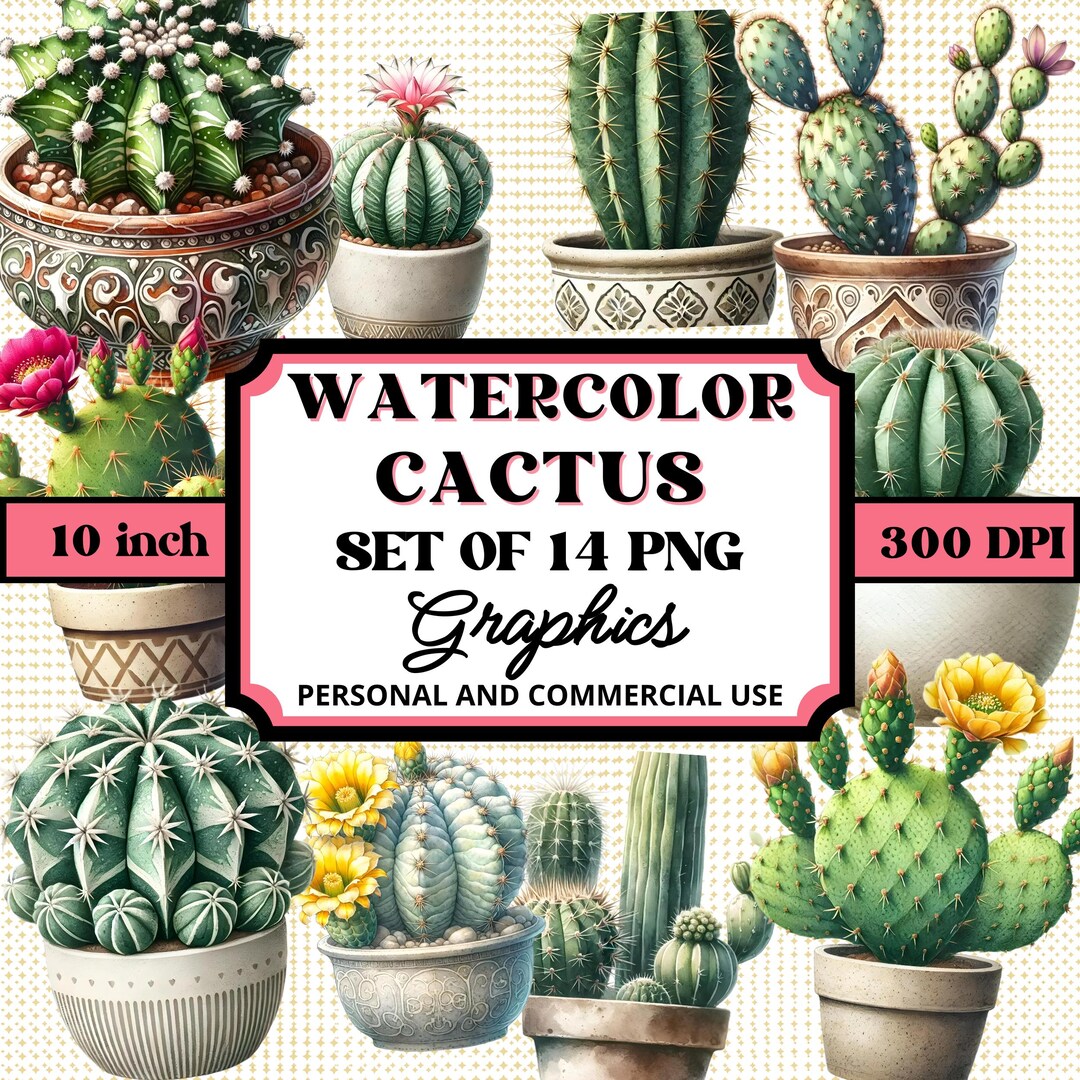 Watercolor Cactus Clipart | 14 PNG Graphics for Sublimation (digital ...