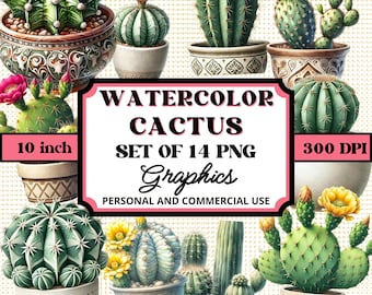 Watercolor Cactus Clipart | 14 PNG Graphics for Sublimation (Digital Download)