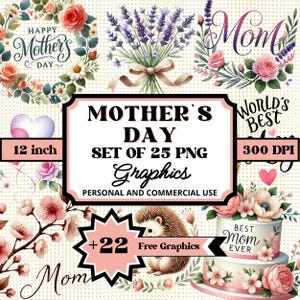 Happy Mother's Day PNG-bundel, clipartset voor sublimatieambachten, moeder digitale kunstset, bloemen- en natuurgraphics, instant digitale download