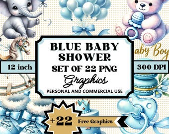 Blue Baby Shower Clipart: 22 PNG Graphics (Digital Download