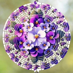 May include: A metal wind spinner with a circular design featuring a bouquet of purple and white pansies. The spinner has a layered, concentric circle design.