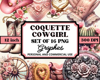 Pacchetto clipart di Coquette Cowgirl, grafica PNG western (download digitale)