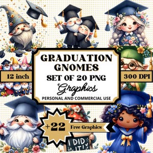 Pacote de gráficos de gnomos de formatura: 20 ilustrações de clipart PNG para uso pessoal e comercial