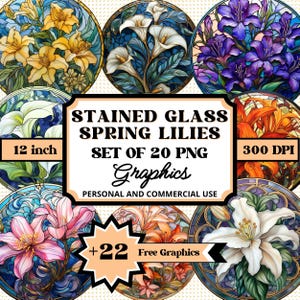 Gebrandschilderd glas lentelelie bundel, 20 png-clipart-graphics set voor sublimatie, ideaal voor Pasen, vrijgezellenfeest, bruiloft, Moederdag en meer