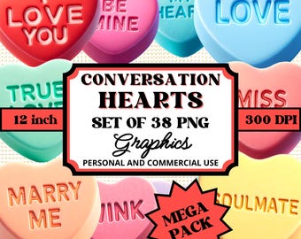 3D Valentine Conversation Hearts Clipart, Candy Hearts PNG (Digital Download)