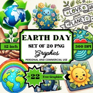 Pacchetto Clipart per la Giornata della Terra, 20 grafiche PNG per download digitale istantaneo, sublimazione per magliette, inviti, arte murale, cartelli, volantini