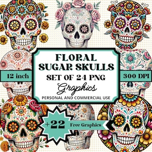 Zuckerschädel PNG-Sammlung, Tag der Toten Clipart-Set, Dia de los Muertos Cinco de Mayo Sublimationsgrafikpaket, digitaler Download Kunst