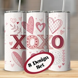 XOXO Valentine&#39;s Day Tumbler Wraps, Set of 8 Designs for Sublimation, 20 oz Tumbler PNGs, Valentine&#39;s Hearts, Hugs and Kisses Graphics