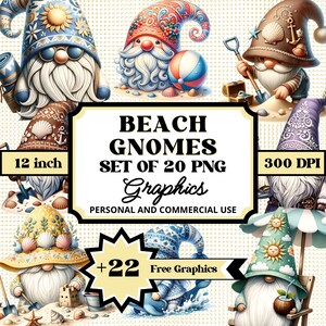 Cute Beach Gnome Clipart Bundle, Set of 20 PNG Summer Graphics, Coastal Gnomes Digital Download, Beach-Themed Sublimation Crafts