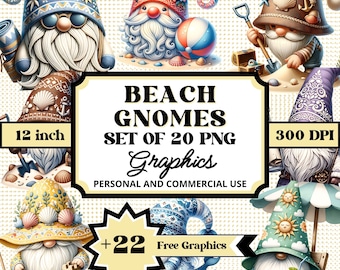Strandtomte Clipart-paket: 20 kustnära sommar-PNG-grafik för sublimeringspyssel och digitala nedladdningar