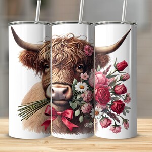 Valentine Highland Cow Tumbler Wrap, Design for Sublimation on a 20 oz Tumbler Wrap, Cute Highland Cow with Flowers, Digital Download