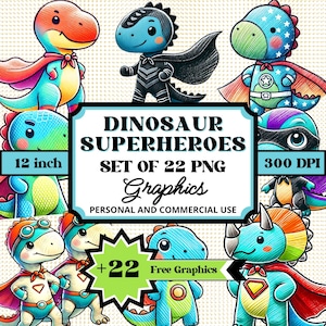 Dinosaur Superhero Graphics Set, 22 PNG Files for Sublimation, Instant Digital Download, Create Stickers, T-Shirts, Wall Art, Birthday Decor