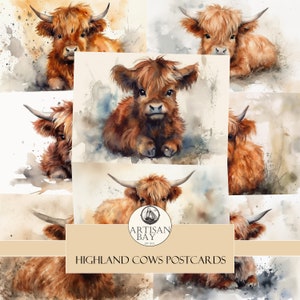 Cartoline delle mucche delle Highland, cartoline scozzesi, cartoline delle mucche, mucche, cartoline, immagini stampabili, forniture per riviste spazzatura, download istantaneo