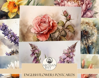 English Flowers Postcards, Flora Postcards, Flower Postcards, Postcards, Printable Pictures, Junk Journal Supplies, Instant Download