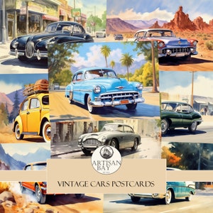 Vintage Autos Postkarten, Autos Postkarten, amerikanische Postkarten, Autos, Postkarten, druckbare Bilder, Junk Journal Zubehör, Instant Download