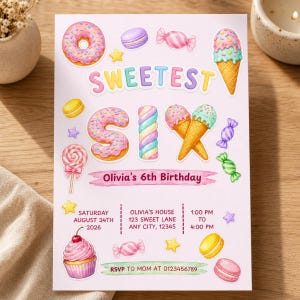Sweetest Six Birthday Invitation Template | Candy Birthday Invite | Editable Canva Invitation | Sweet Birthday Invitation | Digital Download