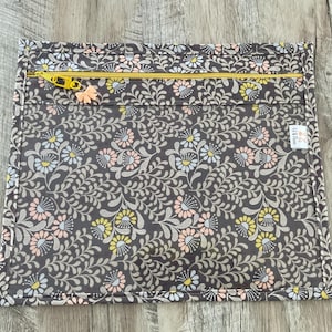 Peut inclure: Une pochette rectangulaire à motifs floraux avec une fermeture éclair jaune. La pochette présente un fond gris foncé avec un motif répété de fleurs roses pastel, jaunes et bleues. La tirette de la fermeture éclair est un petit charme décoratif.