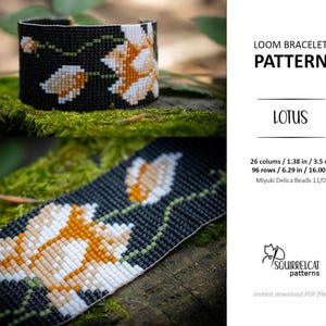 May include: A loom bracelet pattern for a black and white beaded bracelet with a lotus flower design. The pattern is for a bracelet that is 3.5 cm wide and 16 cm long. The pattern uses Miyuki Delica beads 11/0.