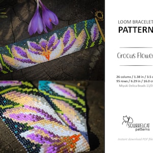 Puede incluir: Un patrón de brazalete de telar con un diseño de flor de crocus colorido. El patrón es para un brazalete que tiene 3,5 cm de ancho y 16 cm de largo. El patrón utiliza cuentas Miyuki Delica 11/0.