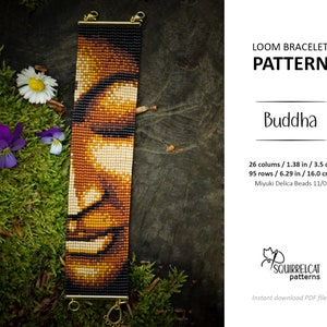 Pode incluir: Um padrão de pulseira de tear para um design de Buda com contas. O padrão é para uma pulseira que tem 3,5 cm de largura e 16 cm de comprimento. O padrão usa contas Miyuki Delica tamanho 11/0.
