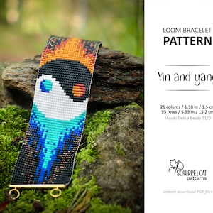 May include: A loom bracelet pattern for a Yin and Yang design. The pattern is for a bracelet that is 1.38 inches wide and 5.99 inches long. The pattern is made with Miyuki Delica beads.