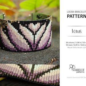 May include: A loom bracelet pattern for a pink and white lotus flower design. The pattern is for a bracelet that is 1.38 inches wide and 6.29 inches long. The pattern uses Miyuki Delica beads size 11/0.