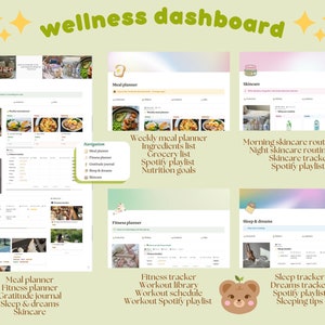 May include: A wellness dashboard with a green background and a light brown bear illustration. The dashboard is divided into sections for meal planning, fitness, skincare, and sleep. Each section includes a list of tasks and activities, such as weekly meal planner, ingredients list, grocery list, Spotify playlist, nutrition goals, morning skincare routine, night skincare routine, skincare tracker, Spotify playlist, fitness tracker, workout library, workout schedule, workout Spotify playlist, sleep tracker, dreams tracker, Spotify playlist, and sleeping tips.
