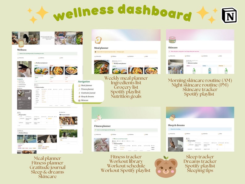 May include: A wellness dashboard with a green background and a light brown bear illustration. The dashboard is divided into sections for meal planning, fitness, skincare, and sleep. Each section includes a list of tasks and activities, such as weekly meal planner, ingredients list, grocery list, Spotify playlist, nutrition goals, morning skincare routine, night skincare routine, skincare tracker, Spotify playlist, fitness tracker, workout library, workout schedule, workout Spotify playlist, sleep tracker, dreams tracker, Spotify playlist, and sleeping tips.