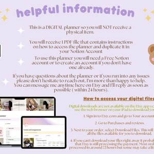 May include: A digital planner for students, displayed on a laptop and tablet screen. The planner is designed to be used with the Notion app. The text on the image reads "This is a DIGITAL planner so you will NOT receive a physical item." and "How to access your digital files: Digital downloads are not available on the Etsy app yet so please use the web browser on your iPad to download your files."