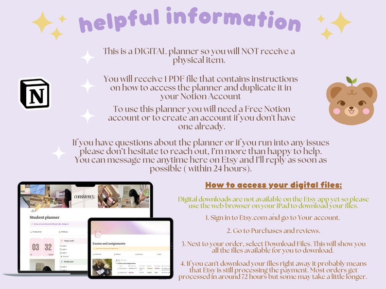 May include: A digital planner for students, displayed on a laptop and tablet screen. The planner is designed to be used with the Notion app. The text on the image reads "This is a DIGITAL planner so you will NOT receive a physical item." and "How to access your digital files: Digital downloads are not available on the Etsy app yet so please use the web browser on your iPad to download your files."