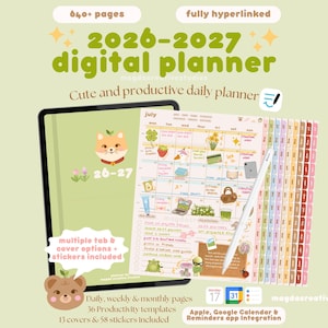 May include: A 2026-2027 digital planner displayed on a tablet screen with a stylus. The planner features a monthly calendar view for July, colourful stickers, and side tabs. Text includes 640+ pages, fully hyperlinked, and daily, weekly & monthly pages.