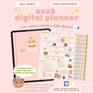 May include: A 2026 digital planner with a pink cover and a Shiba Inu illustration. The planner includes a calendar view, tabs, and stickers. The text on the image says "Cute and productive daily planner". It has 640+ pages and is fully hyperlinked.