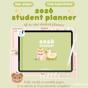 May include: A digital student planner for 2026, featuring a light green background with the text "2026 student planner". The planner includes a cute cat and duck illustration. It has over 600 pages, is fully hyperlinked, and includes daily, weekly, and monthly pages.