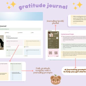May include: A digital illustration of a gratitude journal with a light blue background and a pink, yellow, and green colour scheme. The journal includes a daily gratitude template with four journaling prompts, a Spotify playlist, and 16 journaling prompts to help you get started. The text "gratitude journal" is written in a large, pink font at the top of the image.