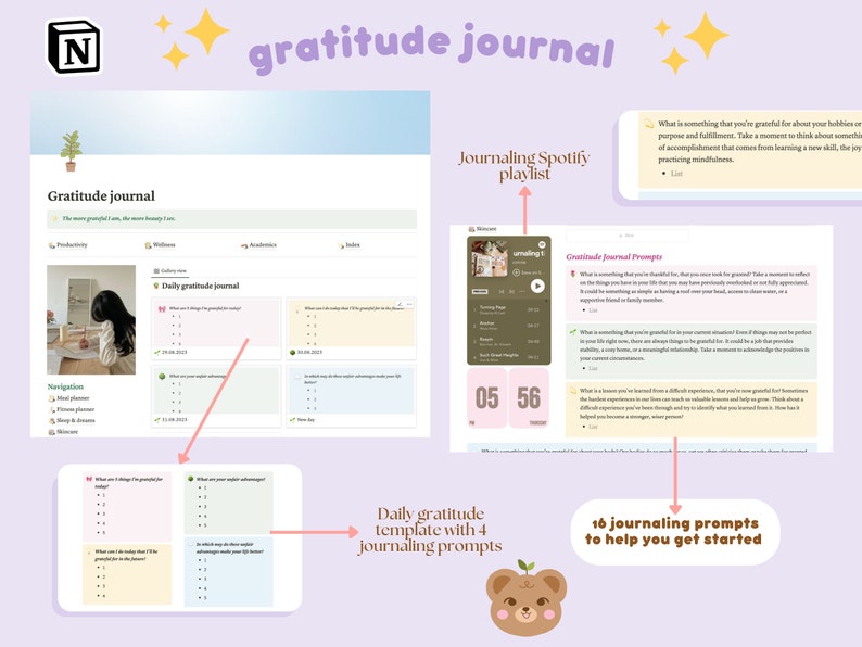 May include: A digital illustration of a gratitude journal with a light blue background and a pink, yellow, and green colour scheme. The journal includes a daily gratitude template with four journaling prompts, a Spotify playlist, and 16 journaling prompts to help you get started. The text "gratitude journal" is written in a large, pink font at the top of the image.