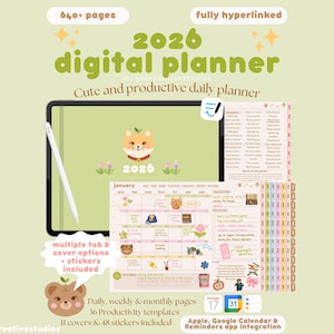 May include: A 2026 digital planner with a cute design, showing a tablet with a stylus, calendar pages, and stickers. The planner includes 640+ pages, multiple tab and cover options, and is fully hyperlinked. It integrates with Apple and Google Calendar.