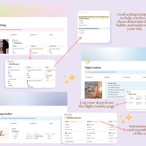 May include: A digital planner template with a pink and blue colour scheme. The template includes sections for goal setting, monthly goals, night routine, spending tracker, and monthly expenses. The template is designed to help users break down their goals into daily habits and understand their why.
