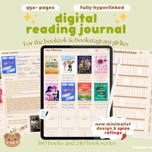 May include: Digital reading journal with 950+ pages, fully hyperlinked. The journal includes book reviews, bookshelves, and a library section. The text on the image says "For the booktok & bookstagram girlies". The journal has a minimalist design and spice ratings.