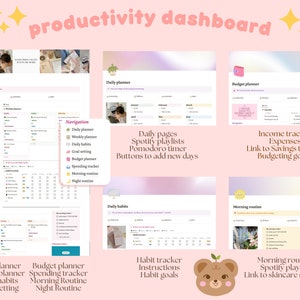 May include: A digital productivity dashboard with a pink and white colour scheme. The dashboard includes sections for daily planning, weekly planning, goal setting, budget planning, spending tracking, morning routine, night routine, habit tracking, and income tracking. The dashboard is designed to help users stay organised and on track with their goals.