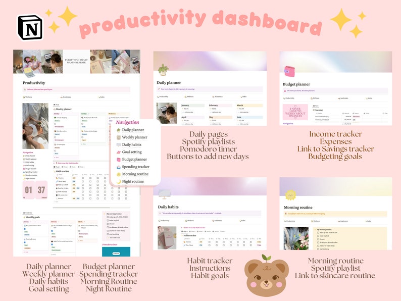 May include: A digital productivity dashboard with a pink and white colour scheme. The dashboard includes sections for daily planning, weekly planning, goal setting, budget planning, spending tracking, morning routine, night routine, habit tracking, and income tracking. The dashboard is designed to help users stay organised and on track with their goals.
