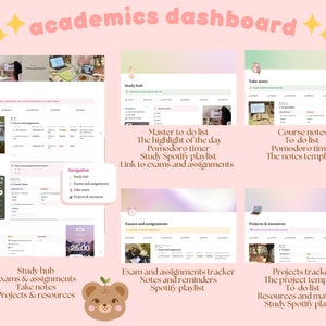 May include: A pink and green digital dashboard with the text "academics dashboard" in a pink box. The dashboard is divided into sections for study hub, exams and assignments, take notes, and projects and resources. Each section has a list of tasks and features, including to-do lists, pomodoro timers, and Spotify playlists.