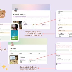 May include: A digital illustration of a study hub with a light pink, green, and blue background. The illustration shows a bear with a green plant on its head, a digital screen with the text "Projects & resources", a digital screen with the text "Take notes", a digital screen with the text "The study hub", a digital screen with the text "To-do list", and a digital screen with the text "Key points".