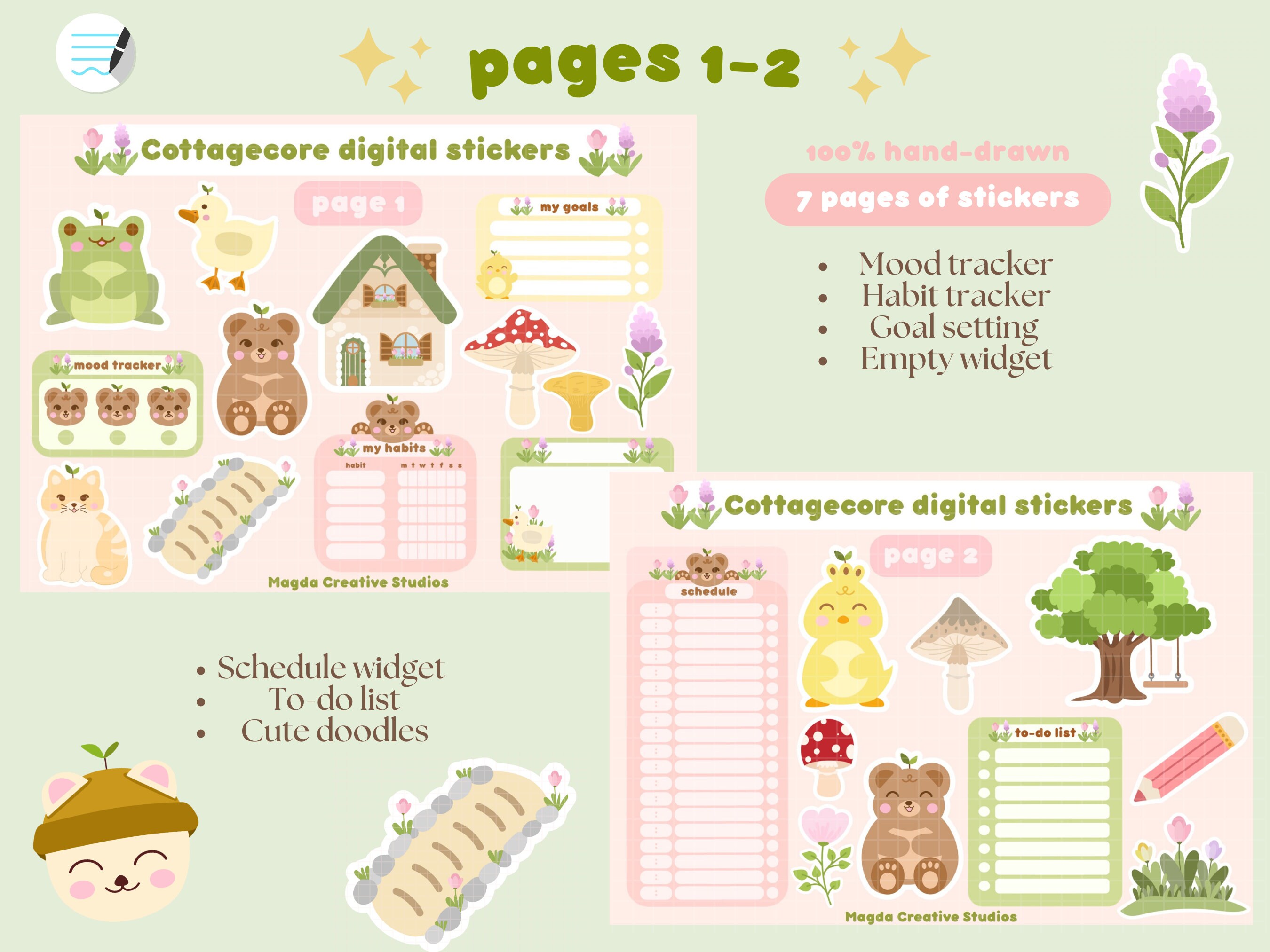 Cottagecore Digital Planner Stickers | Cute Animal Doodles (goodnotes ...